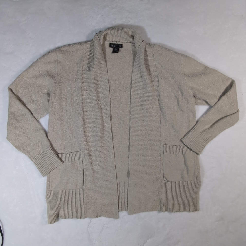 Rachel Zoe Soft & Fluffy Stretchy Beige Open Front Cardigan w/Front Pockets-Sz L
